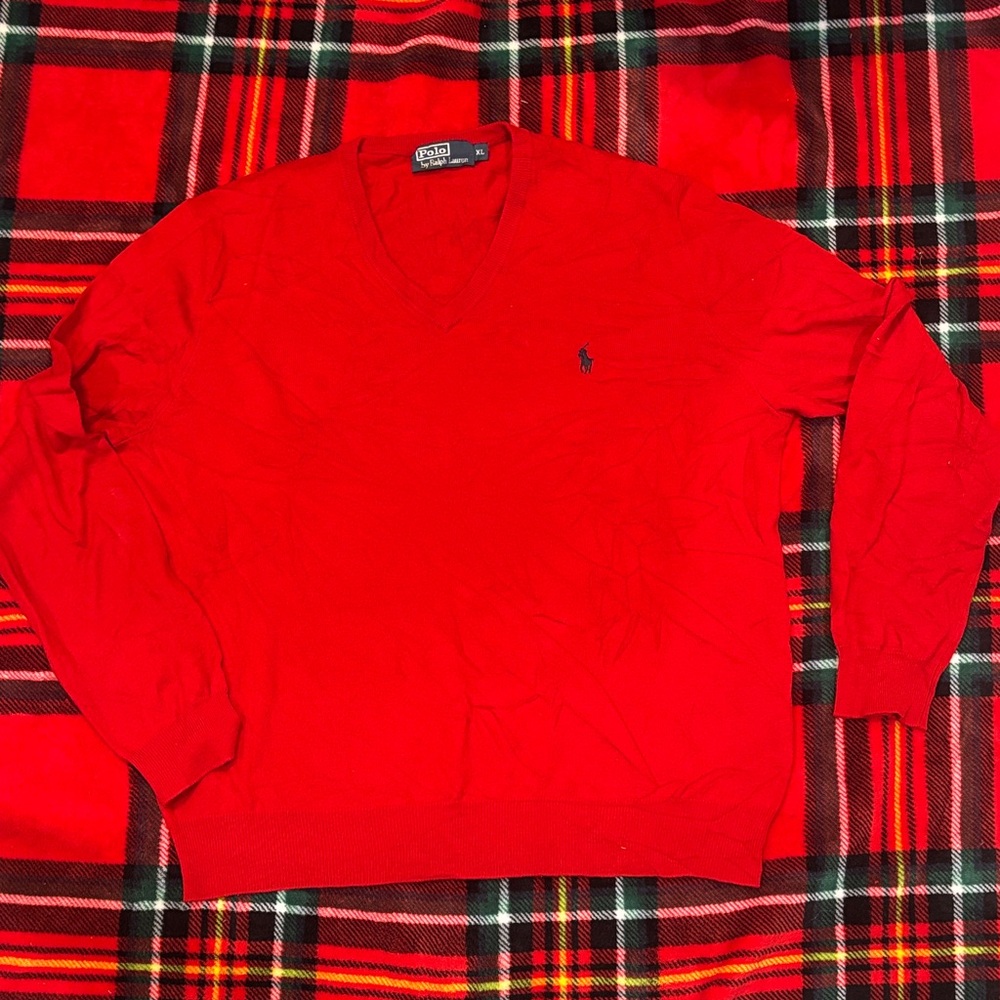Polo by Ralph Lauren Men's V-Neck Sweater in Bold Red